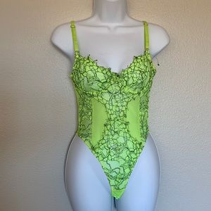 ✨ Neon Green Lace Mesh Bodysuit Lingerie Sheer
